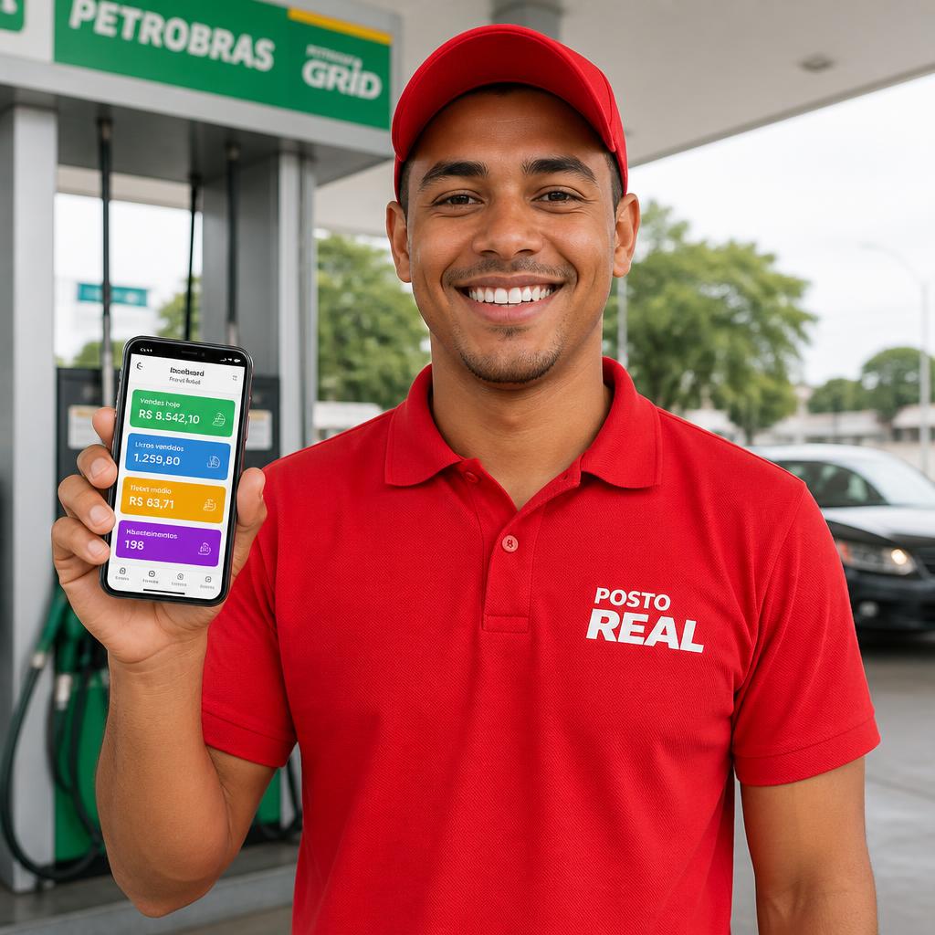 Atendente de posto de combustível mostrando o aplicativo webPosto no celular